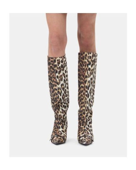 Ganni White Leopard Print Pointed-Toe Knee-Length Boots