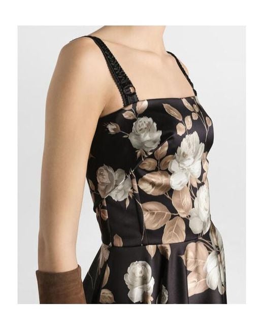 Dolce & Gabbana Black Rose-Print Satin Midi Dress