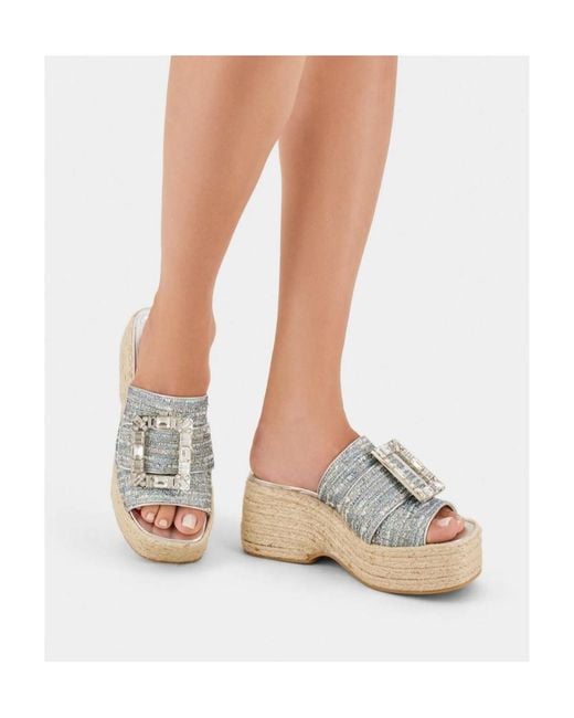 Roger Vivier Gray Strass Buckle Platform Espadrilles Mules