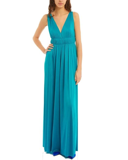 P.A.R.O.S.H. Blue V-Neck Gathered Sleeveless Gown
