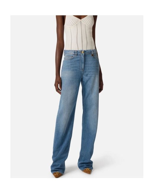 Elisabetta Franchi Blue Logo Plaque Wide-Leg Jeans