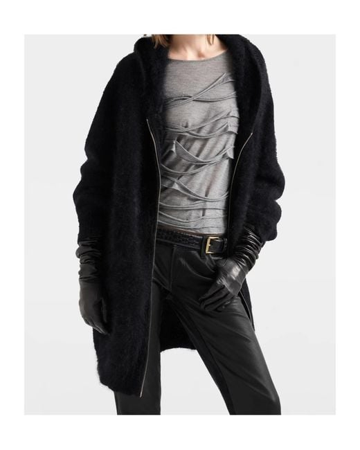 7 For All Mankind Black Fuzzy Zip Hooded Sweater