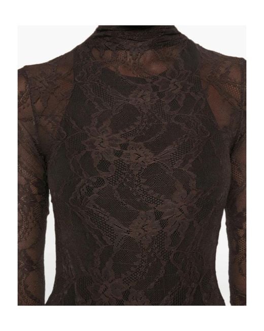 ANDAMANE Brown Ziggy Lace-Pattern High-Neck Bodysuit