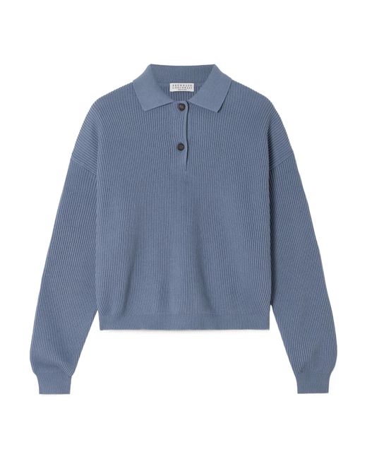 Brunello Cucinelli Blue Embellished English Rib Knit Polo Shirt