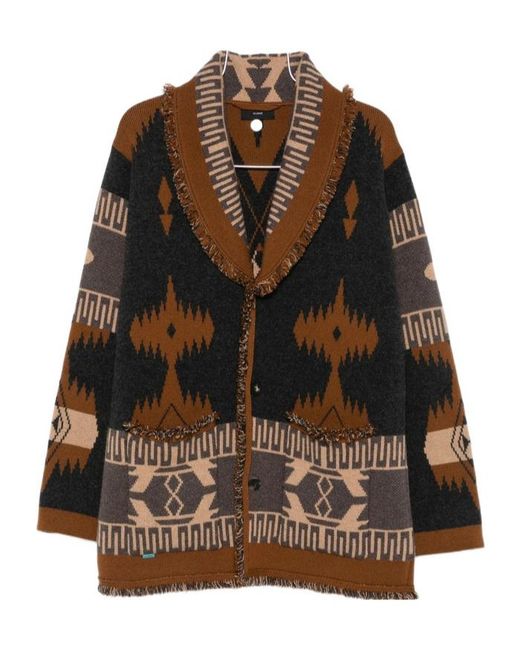 Alanui Brown Jacquard-Knit Fringed Cardigan for men