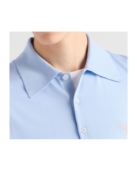Prada Blue Logo Embroidered Short Sleeved Polo Shirt for men