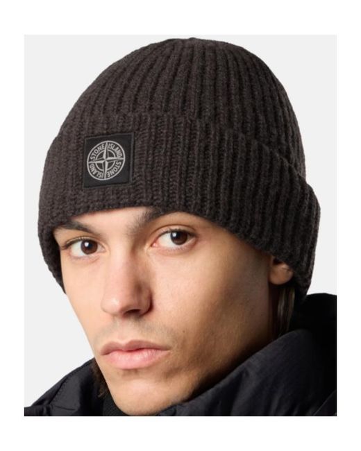 Stone Island Black Ribbed Knit Beanie With Compass Logo Patch for men