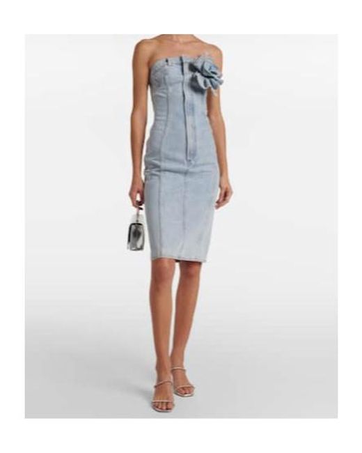 Area Blue Floral Appliqué Denim Midi Dress