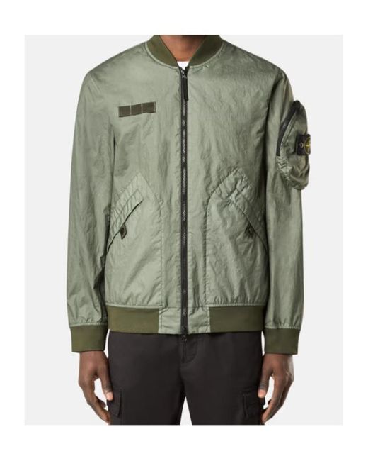 Stone Island Green Lightweight Crinkled Texture Bomber Jacket With Flap Pockets for men