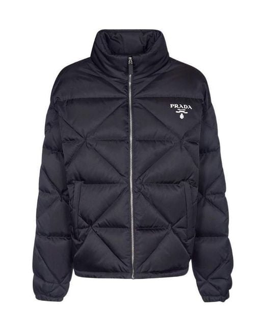 Prada Blue Logo Printed Zip-Up Quilted Jacket for men