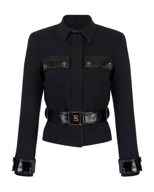 Elisabetta Franchi Blue Patent-Trimmed Belted Jacket