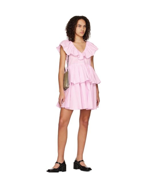 Ganni Pink A V-Collar Dress With Lotus Leaf Edge
