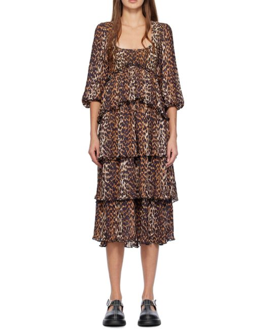 Ganni Brown Leopard Printed Pleated U-Neck Midi Dress