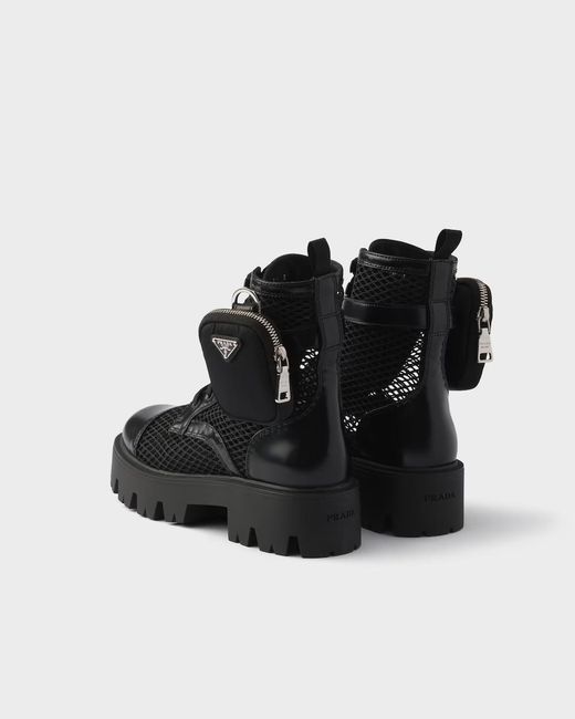 Prada Black Mesh Fabric And Brushed Leather Booties With Pouch