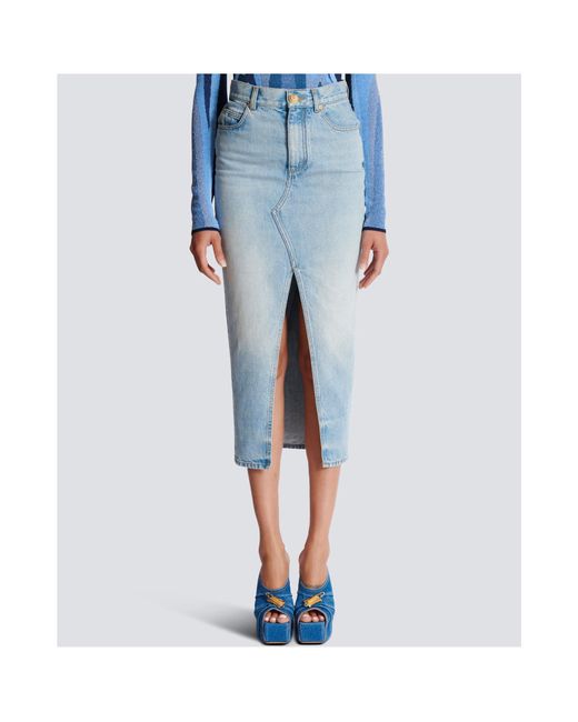 Balmain Blue Denim Midi Skirt