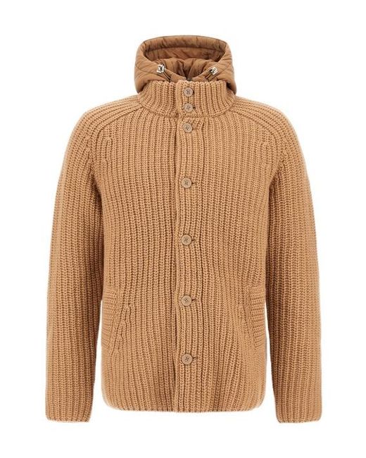 Herno Brown Hooded Knitted Button-Up Cardigan for men