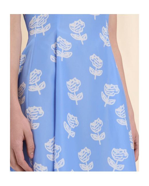 Marni Blue Light Poplin Flared Dress With Sprayed Roses Print