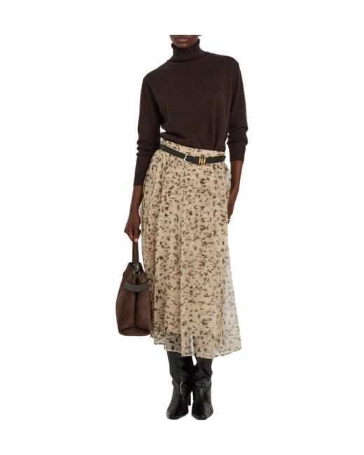 Brunello Cucinelli Natural Lynx-Print Silk-Organza Midi Skirt