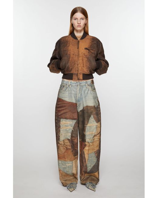 Acne Brown Abstract Printed Cropped Bomber Jacket