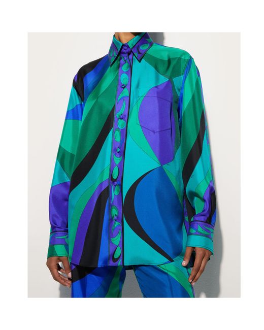 Emilio Pucci Blue Pucci Pesci-Printed Long Sleeved Shirt