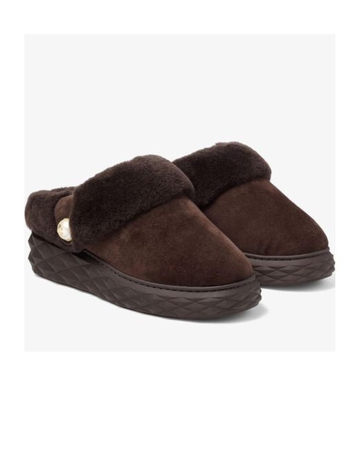 Jimmy Choo Brown Diamond Maxi Suede-Shearling Mules