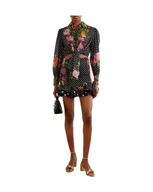 Charo Ruiz Black Alameda Shirred Ruffled Floral-Print Polka-Dot Cotton-Blend Mini Skirt