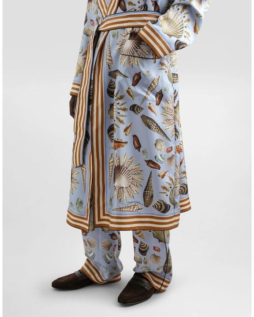 Dolce & Gabbana White Shell-Print Silk Twill Robe for men