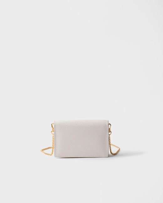 Prada White Saffiano Leather Card Holder With Shoulder Strap