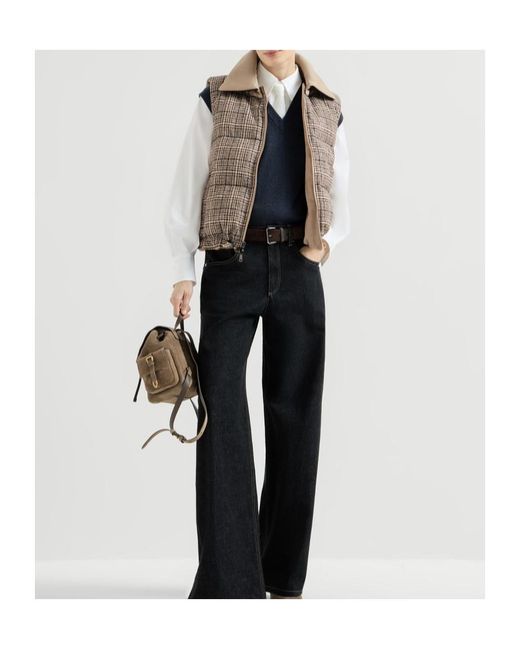 Brunello Cucinelli Brown Twill And Prince-Of-Wales Reversible Down Vest With Detachable-Leather-Collar And Monili