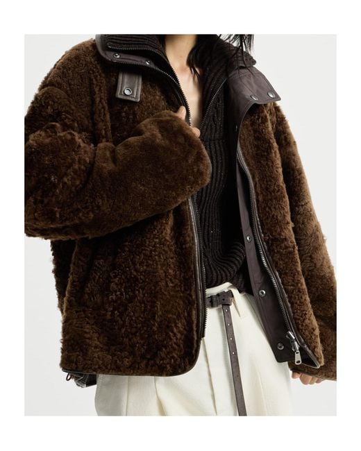 Brunello Cucinelli Brown Fuzzy-Shearling Reversible Outerwear Jacket With Monili