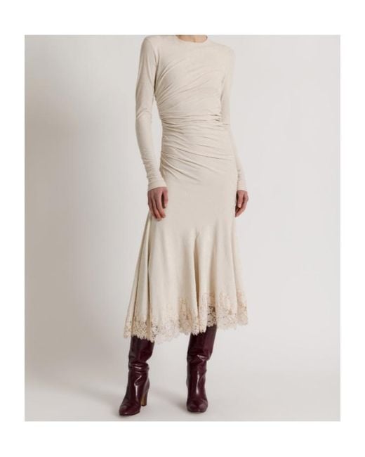 Alberta Ferretti Natural Gathered Midi Dress With Lace Trim