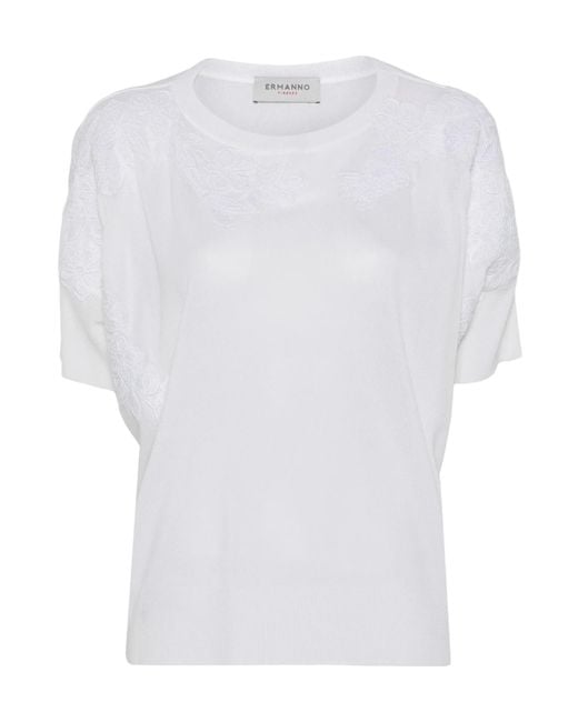 ERMANNO FIRENZE White Floral-Lace Crewneck T-Shirt