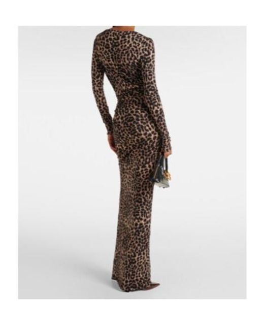 Blumarine Brown Leopard-Print Wool Jersey Maxi Dress