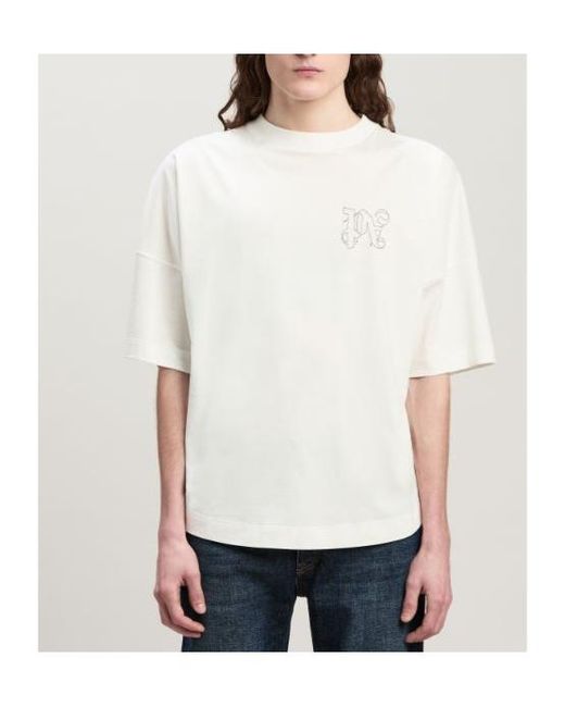 Palm Angels White Pa Monogram Embroidered Crewneck T-Shirt for men