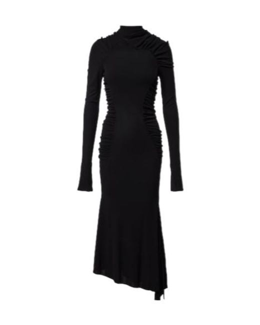 Victoria Beckham Black Gathered Asymmetric Jersey Midi Dress