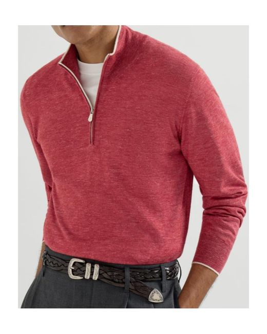 Brunello Cucinelli Red Half-Zip High-Neck Knitted Sweater for men