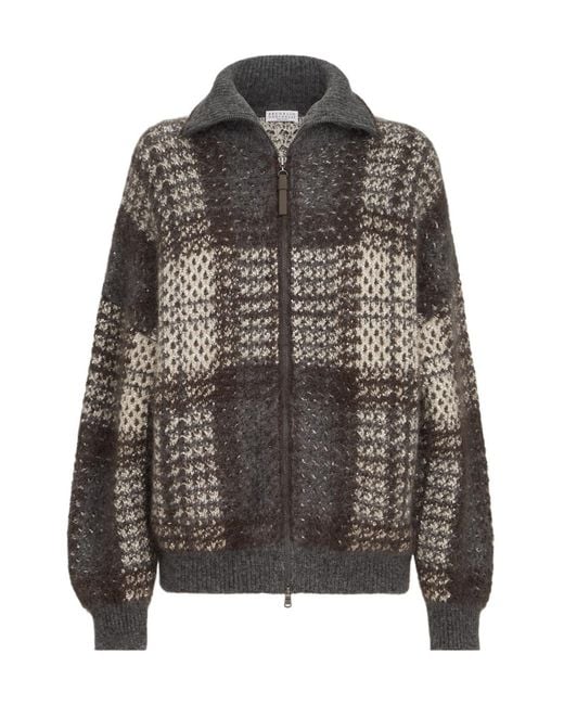 Brunello Cucinelli Gray Dazzling Tartan Double Knit Outerwear Jacket