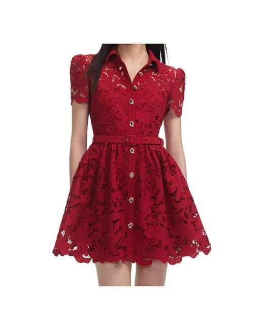 Self-Portrait Red Floral Lace Puff-Sleeved Dress