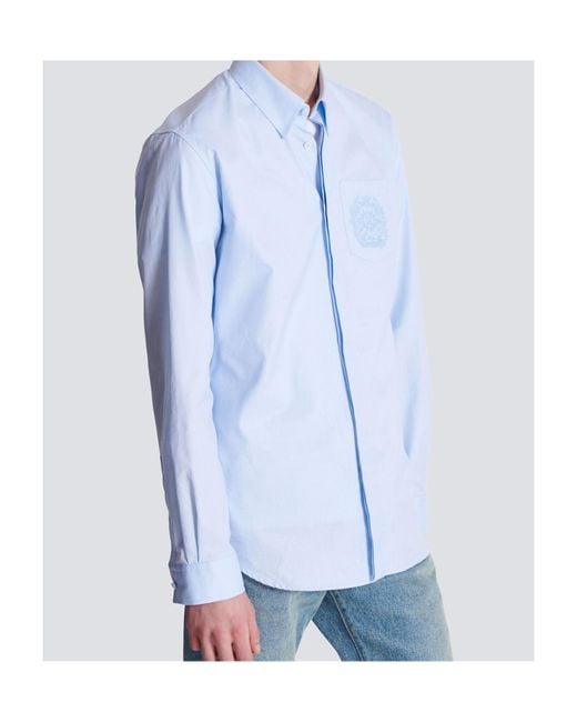 Balmain Blue Écusson Embroidered Shirt for men