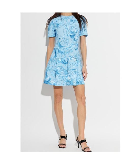 Versace Jeans Blue Couture Baroque Printed Crewneck Mini Dress