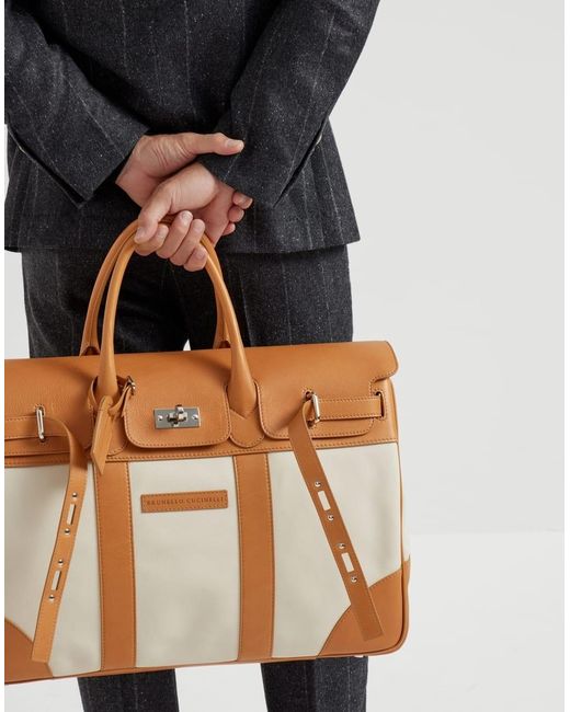 Brunello Cucinelli Brown Leather-Trimmed Canvas Holdall for men