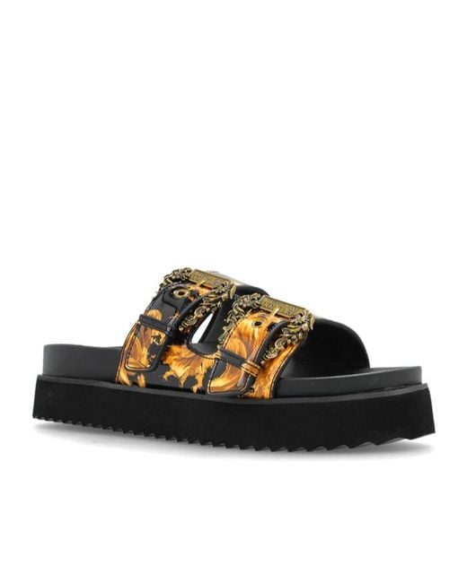 Versace Jeans Black Couture Buckle Embellished Barocco-Printed Sandals