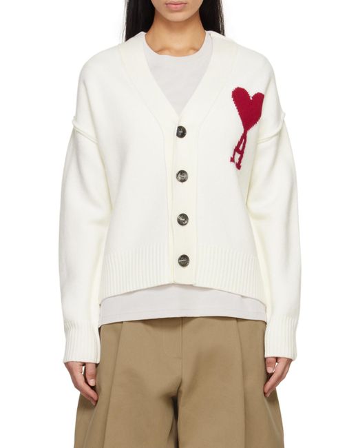 AMI White V-Neck Knitted Buttoned Cardigan for men