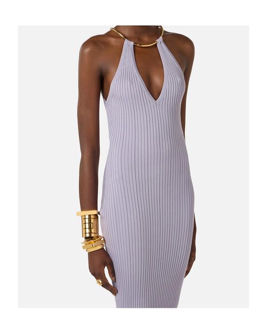 Elisabetta Franchi Purple Openwork Knit Necklace-Detail Dress