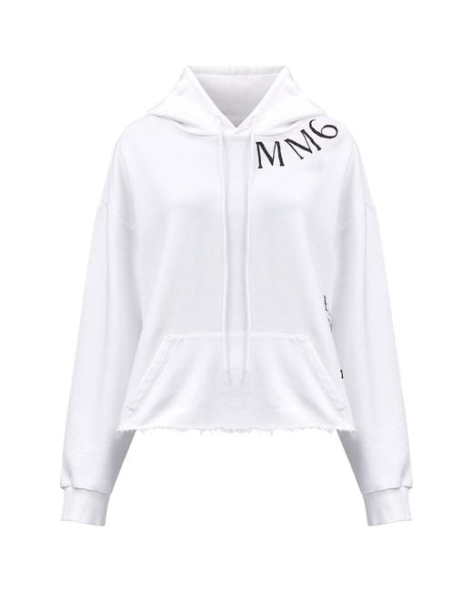 MM6 by Maison Margiela White Logo-Printed Drop Shoulder Hoodie