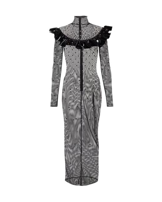 Alessandra Rich Gray Embellished Mesh Midi Dress