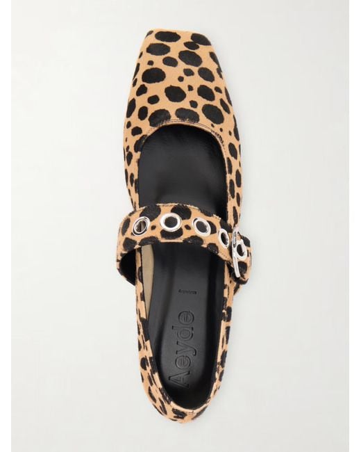 Aeyde Brown Leopard-Print Pony Hair Mary Jane Ballet Flats