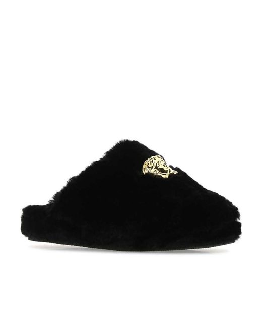 Versace Black Medusa Plaque Fur Slippers for men