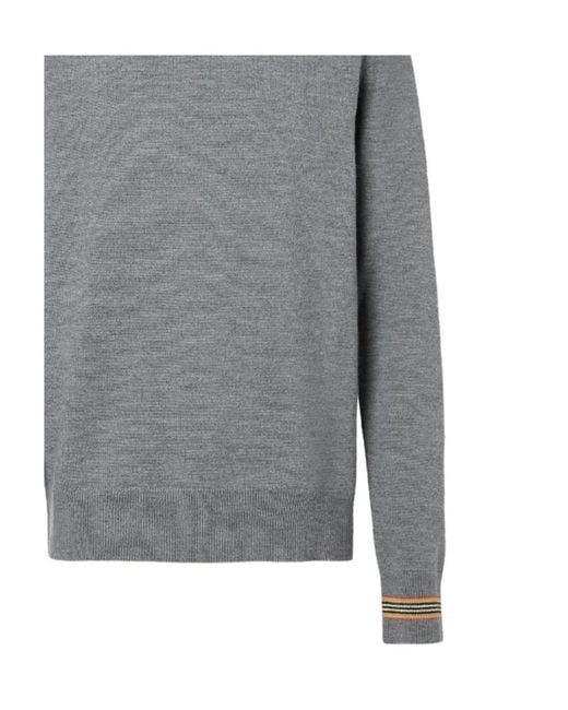 Burberry Gray Icon Stripe Trim Crew-Neck Pullover for men