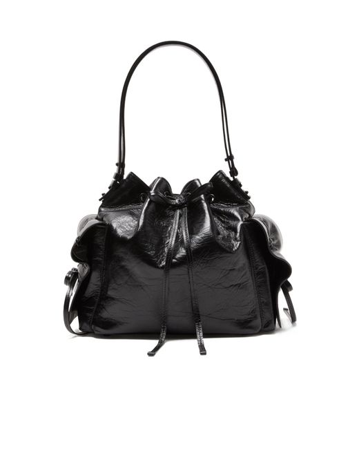 Acne Black Drawstring Ruffled Leather Shoulder Bag